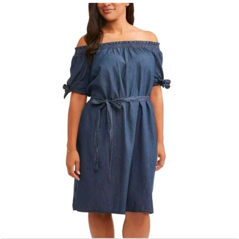 Womens Terra & Sky Off Shoulder Chambray Denim Jean Dress - Sz 0X